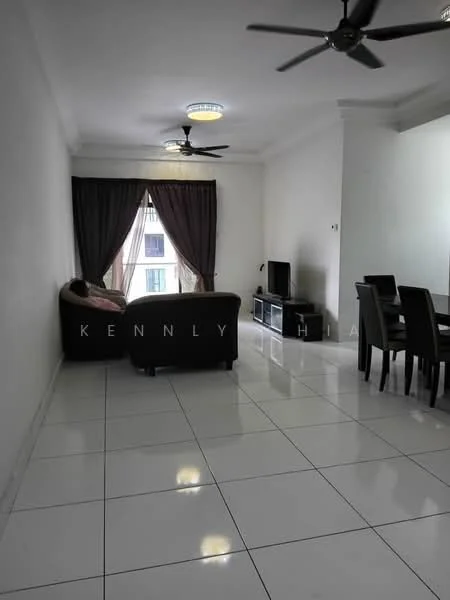 Living features: white painted walls, glossy white tile flooring, 2-seater fabric sofa in brown, 3-blade ceiling fan, floor-to-ceiling windows, sheer curtains, TV console, wall-mounted TV, dining table for 6, 4 dining chairs, decorative ceiling light; style: modern; view: city.