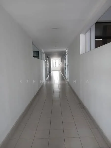 Hallway features: white painted walls, ceramic tile flooring, natural light from windows, sliding windows, neutral color scheme, straight corridor layout; style: modern.