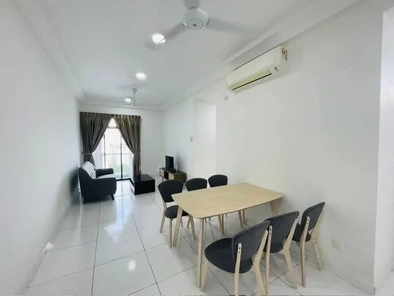 Living features: white painted walls, glossy white tile flooring, 5-blade ceiling fan with light, wall-mounted air conditioning unit, sofa in dark green fabric, TV console, flat-screen TV, dining table with light wood finish, 6 dining chairs in grey fabric, curtains in brown fabric, floor-to-ceiling window with view, decorative wall clock; style: modern; view: city.