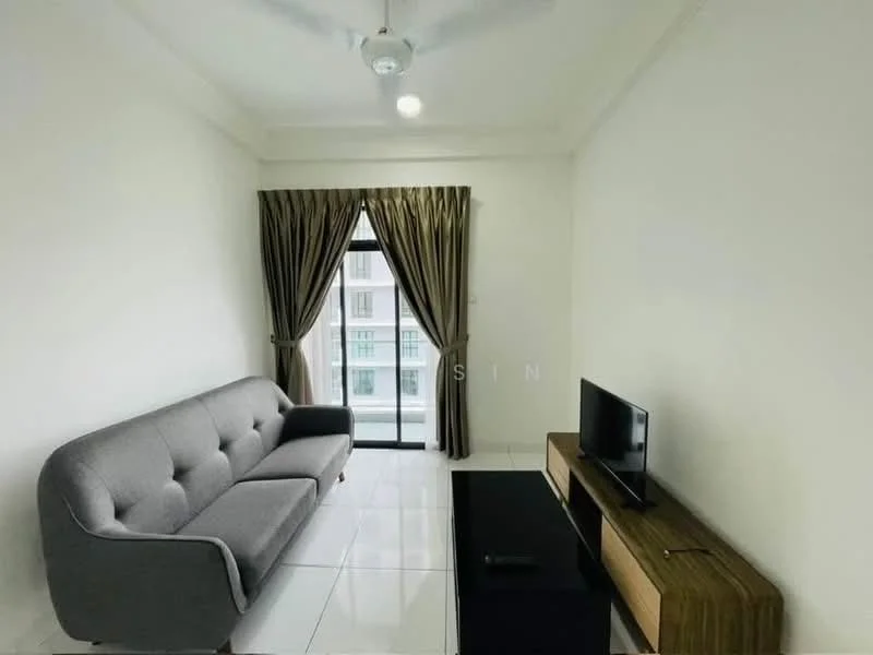 Living features: grey fabric 3-seater sofa, black coffee table, wooden TV console, wall-mounted TV, floor-to-ceiling windows, sheer curtains, blackout curtains, white painted walls, glossy tile flooring, ceiling fan with light; style: modern; view: city.