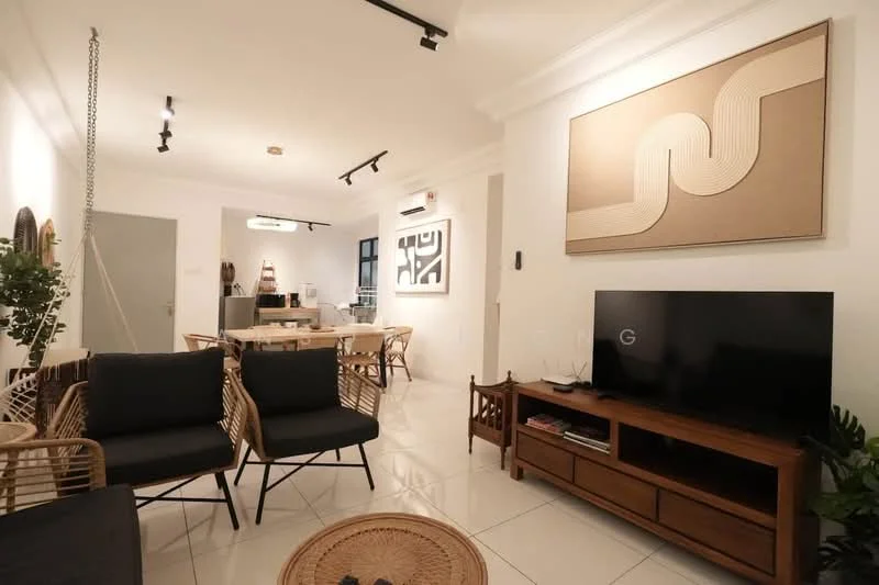 Living features: white painted walls, glossy tile flooring, recessed downlights, track lighting, sofa with rattan frame, coffee table, TV console in wood, wall-mounted TV, decorative wall art, area rug with circular design, indoor plants, open layout to dining area; style: modern. Dining features: dining table, dining chairs, open layout to living area, kitchen visible in background; style: modern.