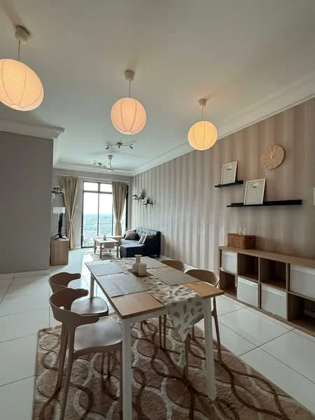 Dining features: 6-seater dining table, wooden dining chairs, area rug with geometric pattern, pendant lighting fixtures, white walls with vertical stripes, large window with city view, curtains, decorative wall shelf, wall-mounted clock, sofa in navy blue fabric, TV console, open shelving unit; style: modern; view: city.