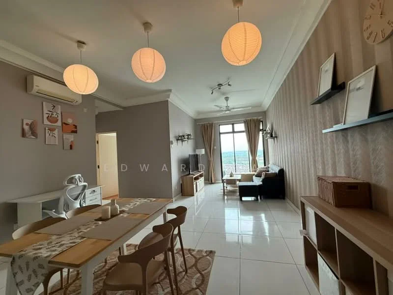 Living features: white painted walls, cream accent wall with wallpaper, glossy white tile flooring, 3-blade ceiling fan, 3 pendant lights, floor-to-ceiling windows, curtains, sofa in black, wooden coffee table, TV console, decorative wall shelf, area rug, dining table with 4 chairs, wall-mounted artwork; style: modern; view: city.