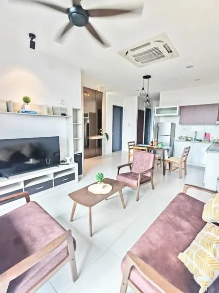 Living features: 5-blade ceiling fan with light, wall-mounted TV, TV console in black, 2-seater fabric sofa in brown, 2 armchairs in brown, coffee table in wood, decorative plant on table, recessed downlights, open shelving unit, air conditioning unit, dining table with chairs in background, kitchen area visible in background; style: modern.