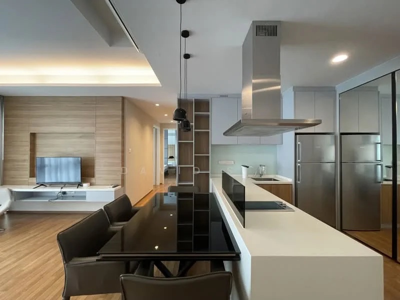 Kitchen features: black dining table, 4 upholstered dining chairs, white countertop, stainless-steel range hood, built-in oven, freestanding fridge, induction cooktop, wood paneling on walls, recessed downlights, open shelving, wood flooring; style: modern. Living features: wall-mounted TV, white TV console, wood paneling on walls, recessed downlights, open layout, wood flooring; style: modern.
