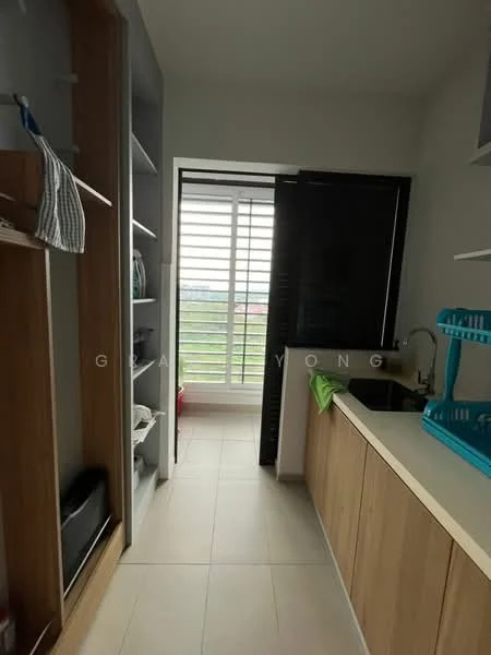Laundry features: single-bowl stainless-steel sink, chrome pull-down faucet, wood cabinetry, open shelving, tile flooring, window with louvered shutters, green dish rack, white walls; style: modern; view: garden.