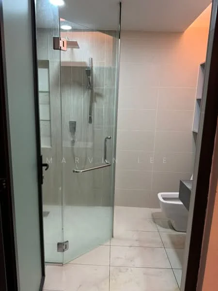 Bathroom features: glass shower enclosure, rain shower head, handheld shower, wall-mounted faucet, one-piece toilet, tile flooring, light-colored wall tiles, built-in shelving, recessed lighting; style: modern.