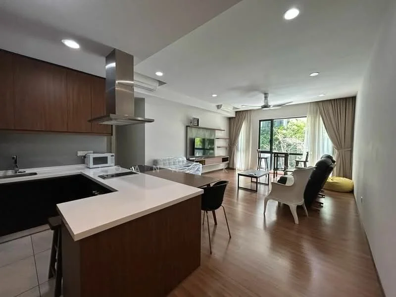 Kitchen features: white quartz countertop, stainless-steel sink, chrome pull-down faucet, built-in microwave, stainless-steel range hood, black cabinetry, ceramic tile flooring; style: modern. Living features: 3-seater fabric sofa in black, coffee table, wall-mounted TV, entertainment unit, area rug, ceiling fan, large sliding glass door, curtains, wooden flooring; style: modern; view: garden. Dining features: 4-seater dining table, plastic dining chairs, floor-to-ceiling windows, wooden flooring; style: modern; view: garden.