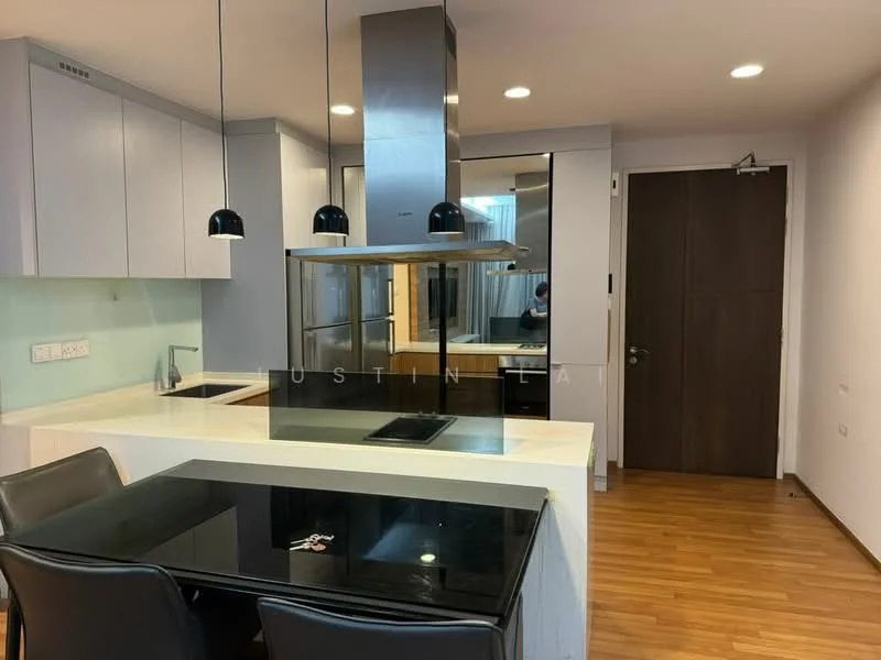 Kitchen features: white cabinetry, black countertop, stainless-steel sink, chrome pull-down faucet, built-in oven, 4-burner gas hob, exhaust hood, pendant lighting, wooden flooring, open layout to dining area; style: modern.
