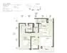 Floor plan: 3-bedroom 2-bathroom unit; features: open-plan kitchen-dining-living, master bedroom with ensuite bathroom, bedroom 2 with shared bathroom, utility room, balcony off living room, central foyer, 1 car porch, laundry area.