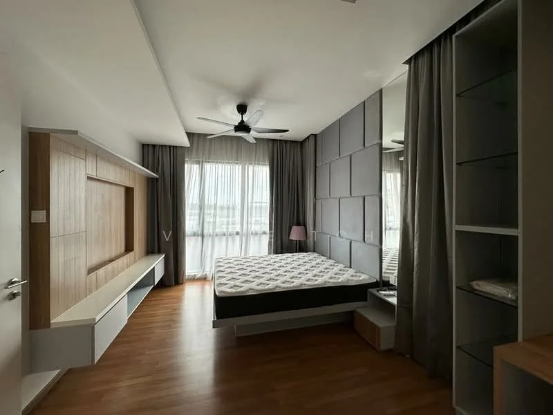Bedroom features: queen-size bed, upholstered headboard, wooden bedside table, built-in wardrobe, wall-mounted TV console, ceiling fan with light, floor-to-ceiling windows, sheer curtains, wooden flooring, decorative wall panels, recessed lighting; style: modern; view: city.