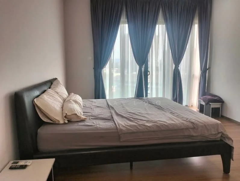 Bedroom features: king-size bed, upholstered headboard, grey bedding, wooden flooring, floor-to-ceiling windows, sheer curtains, blackout curtains, nightstand, decorative chair; style: modern; view: city.