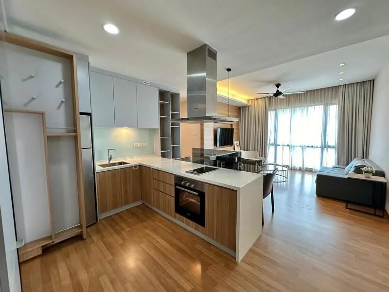 Kitchen features: white cabinetry with wood accents, stainless-steel built-in oven, stainless-steel range hood, ceramic cooktop, single-bowl stainless-steel sink, chrome pull-down faucet, white quartz countertop, open shelving, wooden flooring, recessed downlights, floor-to-ceiling windows, ceiling fan; style: modern; view: city. Living features: sofa, coffee table, TV console, area rug, curtains, wooden flooring, recessed downlights, ceiling fan; style: modern; view: city.