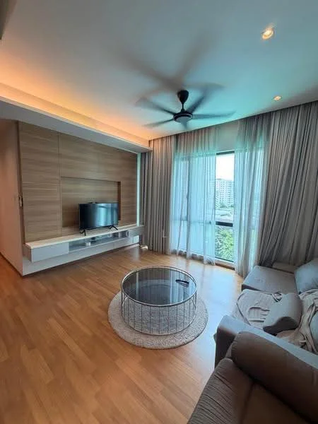 Living features: light wood flooring, recessed downlights, 5-blade ceiling fan, wall-mounted TV, built-in TV console with wood paneling, large window with sheer curtains, sofa in light grey fabric, round coffee table with metal base, area rug with circular design, decorative wall with wood accents; style: modern; view: city.