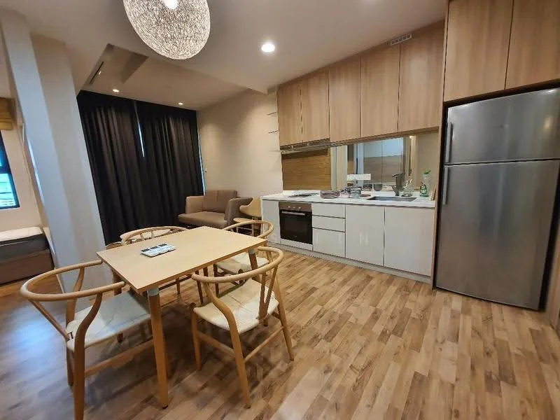 Kitchen features: light wood cabinetry, white countertop, built-in oven, stainless-steel fridge, 4-burner gas hob, single-bowl stainless-steel sink, chrome pull-down faucet, pendant light fixture, wooden dining table, 4 wooden dining chairs, laminate flooring, black curtains; style: modern.