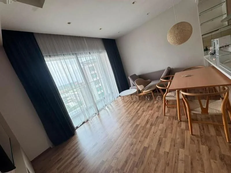 Living features: large floor-to-ceiling windows, sheer curtains, wooden flooring, light grey painted walls, modern pendant light, sofa in light grey, armchair in beige, wooden dining table, wooden dining chairs, decorative wall art; style: modern; view: city.