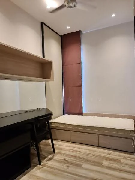 Bedroom features: single bed frame, mattress, study desk with chair, wooden cabinetry, light wood flooring, ceiling fan, wall-mounted mirror, window with sheer curtains, brown blackout curtain, built-in wardrobe; style: modern.