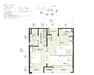 Floor plan: 2-bedroom 2-bathroom unit; features: open-plan kitchen-dining-living, master bedroom with ensuite bathroom, bedroom 2 with shared bathroom, utility room, balcony off living room, central foyer, 1 car porch, 1,200 sqft built-up.