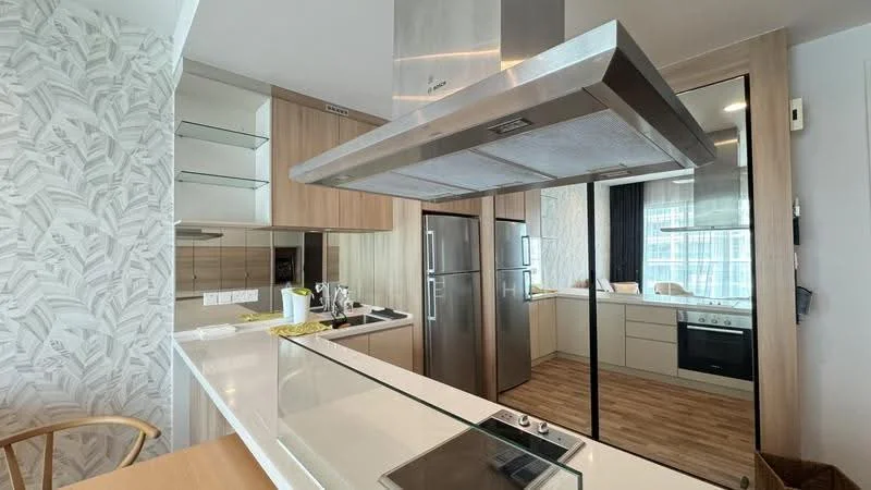 Kitchen features: island countertop with bar seating, stainless-steel range hood, built-in oven, stainless-steel fridge, white cabinetry, wooden cabinetry, ceramic tile backsplash, induction cooktop, wood laminate flooring, large window with city view, kitchen sink, modern faucet, open shelving; style: modern; view: city.
