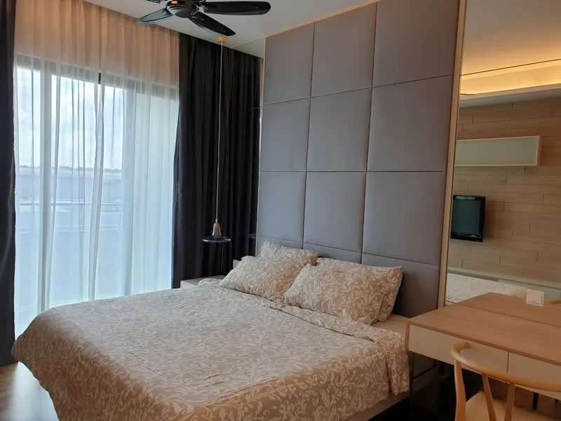 Bedroom features: king-size bed with patterned bedding, upholstered headboard, floor-to-ceiling windows, sheer curtains, dark curtains, wooden flooring, ceiling fan, wall-mounted TV, wooden desk, chair, decorative wall paneling; style: modern.