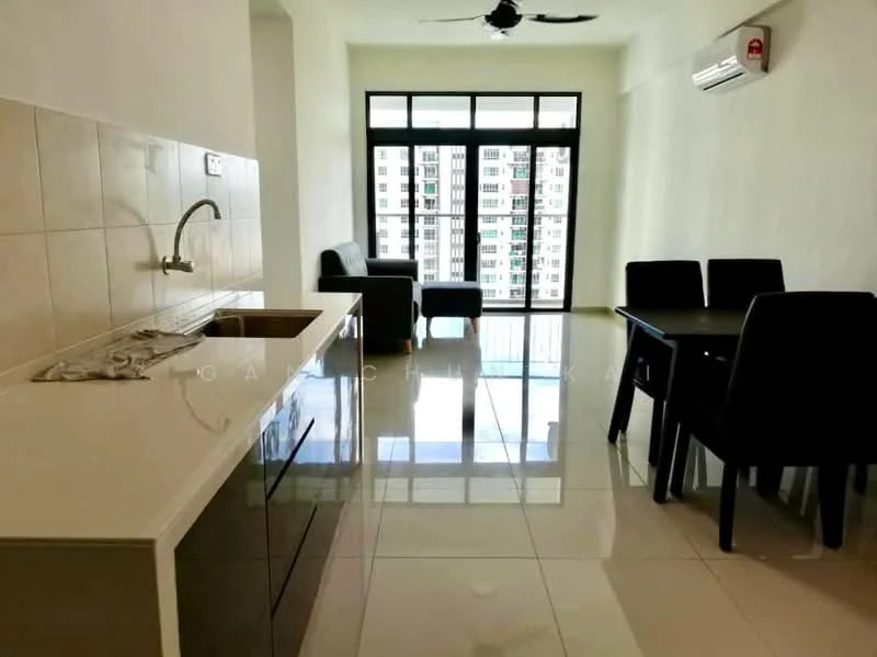 Kitchen features: white cabinetry, single-bowl stainless-steel sink, chrome pull-down faucet, white countertop, tile backsplash, built-in appliances; style: modern. Living features: floor-to-ceiling windows, sliding glass door, ceiling fan, wall-mounted air conditioning unit, grey fabric sofa, dining table with black chairs, glossy tile flooring; style: modern.