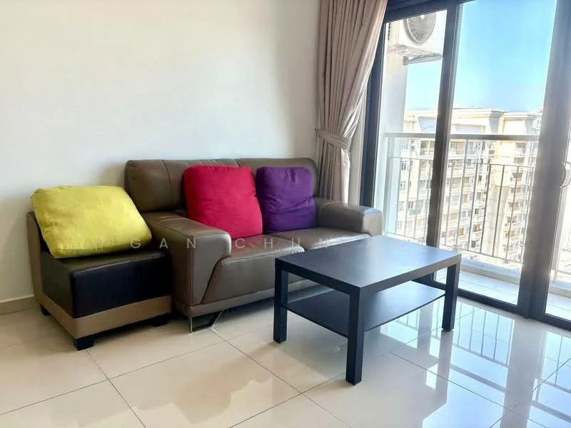 Living features: 3-seater leather sofa in brown, yellow cushion, purple cushion, black armrest, coffee table in black, floor-to-ceiling windows, curtains in beige, glossy tile flooring, air conditioning unit; style: modern; view: city.