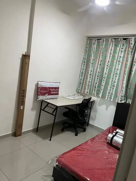 Bedroom features: white painted walls, tile flooring, ceiling fan, window with floral patterned curtains, single bed with red bedding, study desk, black office chair, decorative wall art, built-in wardrobe; style: modern.