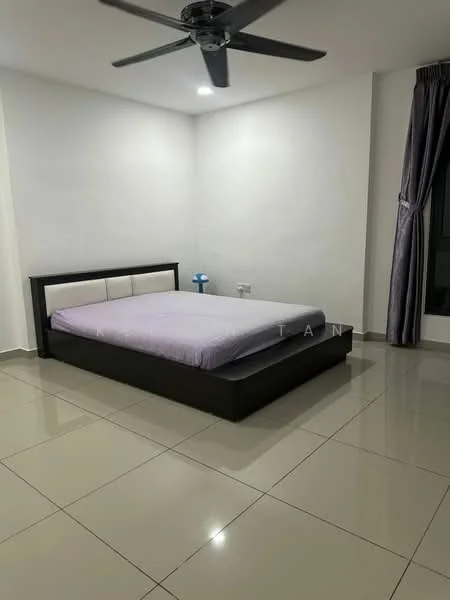 Bedroom features: queen-size bed, black wooden bed frame, purple bedspread, 2 bedside lamps, 5-blade ceiling fan, white painted walls, glossy tile flooring, floor-to-ceiling window with curtains; style: modern.