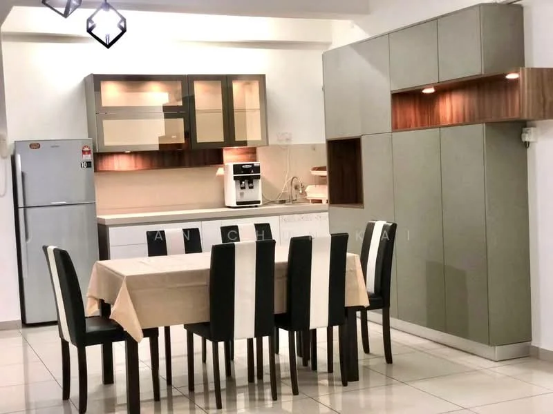 Kitchen features: white cabinetry with glass-front upper cabinets, green lower cabinetry, stainless-steel fridge, built-in coffee machine, ceramic tile flooring, recessed downlights, dining table with beige tablecloth, black dining chairs with white stripes, countertop with beige surface, wall-mounted cabinets, open shelving, kitchen appliances visible; style: modern.