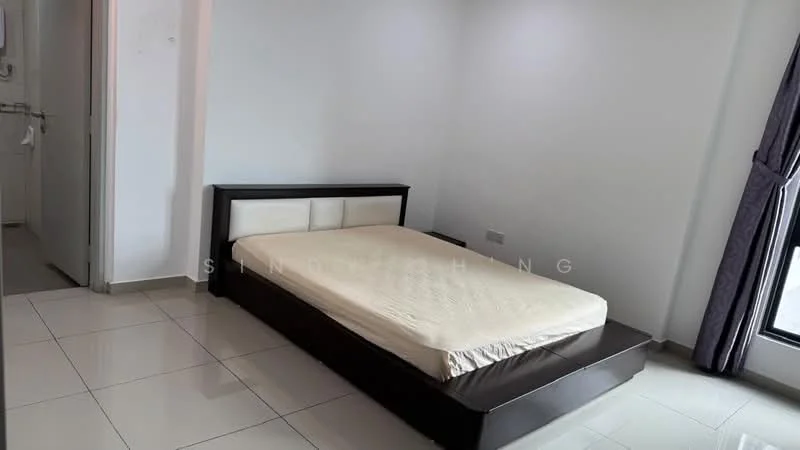 Bedroom features: queen-size bed frame with mattress, white walls, tile flooring, floor-to-ceiling windows, curtains, built-in wardrobe, minimalist decor, neutral color palette; style: modern.