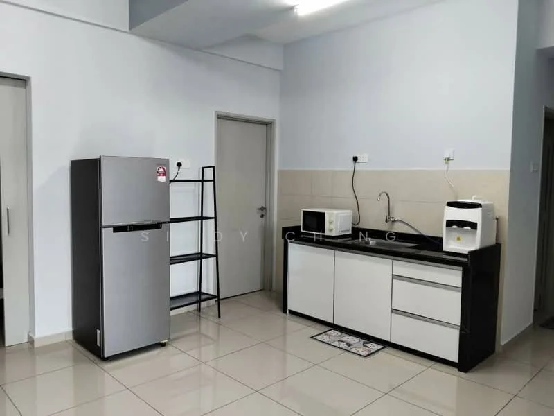 Kitchen features: grey stainless-steel fridge, black countertop, white cabinetry, microwave, kettle, single-bowl stainless-steel sink, chrome pull-down faucet, tile backsplash, cream tiled walls, cream tiled flooring, open shelving unit; style: modern.