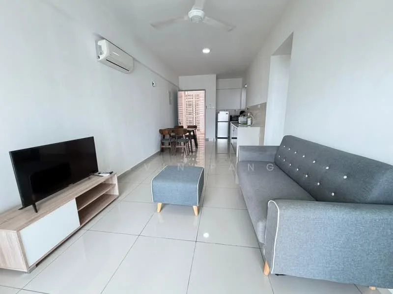 Living features: grey fabric sofa, coffee table, wall-mounted TV, TV console, 5-blade ceiling fan, white painted walls, glossy tile flooring, air conditioning unit, dining table with chairs visible in background; style: modern.