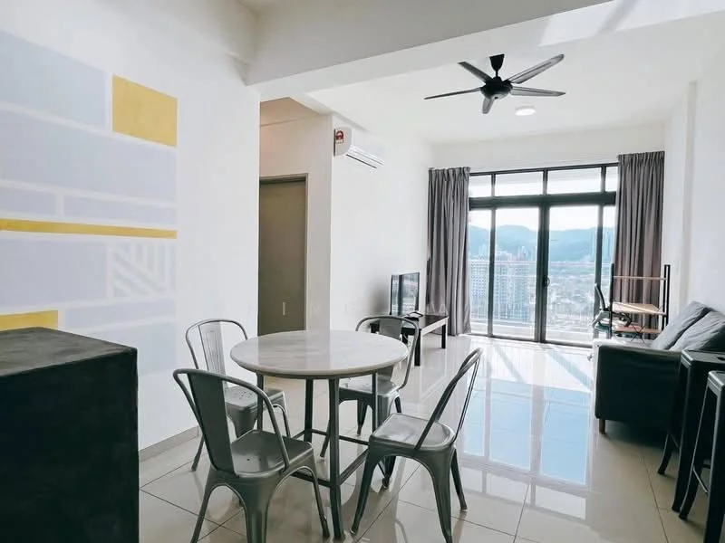 Living features: floor-to-ceiling windows, city view, grey curtains, 3-blade ceiling fan, white painted walls, marble tile flooring, black TV console, black leather sofa, round dining table, metal dining chairs, wall-mounted air conditioning unit, decorative wall with geometric pattern; style: modern; view: city.