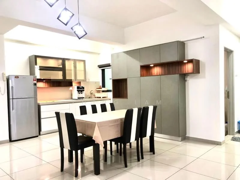 Kitchen features: white cabinetry with glass-front upper cabinets, grey lower cabinetry, light-colored countertop, stainless-steel fridge, built-in oven, microwave, 4-burner gas hob, single-bowl stainless-steel sink, chrome pull-down faucet, pendant lighting, dining table with beige tablecloth, 8 black dining chairs, white tiled flooring, white painted walls; style: modern.