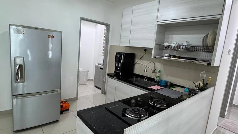 Kitchen features: stainless-steel fridge, black granite countertop, built-in gas hob with 2 burners, stainless-steel sink, chrome pull-down faucet, light grey cabinetry, open shelving, wall-mounted kitchen rack, ceramic tile flooring, white walls, recessed downlights; style: modern.