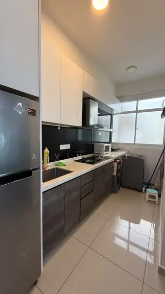 Kitchen features: grey cabinetry, white upper cabinets, stainless-steel refrigerator, built-in oven, 4-burner gas hob, black countertop, white tiled backsplash, double-bowl stainless-steel sink, window with natural light, ceramic tile flooring, exhaust hood, washing machine, cleaning supplies, kitchen utensils; style: modern.