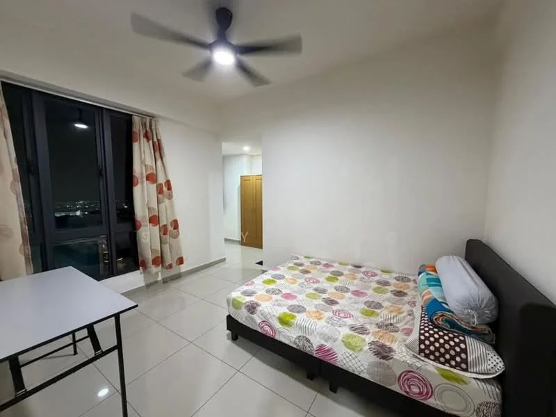 Bedroom features: queen-size bed with colorful bedding, black upholstered bed frame, white walls, large window with city view, floor-to-ceiling window, sheer curtains with polka dots, ceiling fan with light, white tiled flooring, study desk, built-in wardrobe with wooden doors; style: modern; view: city.