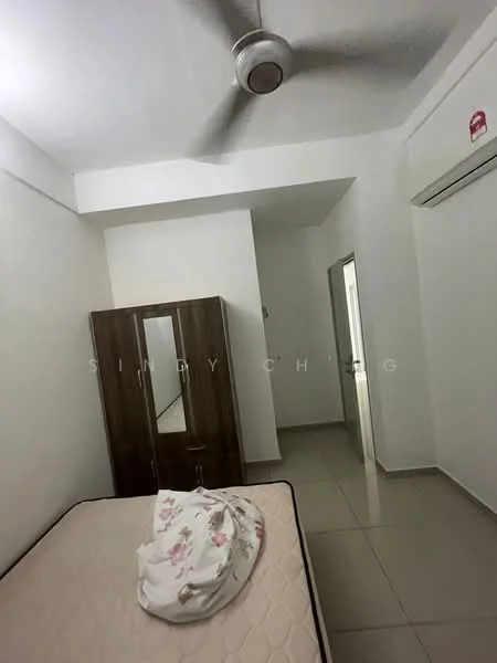 Bedroom features: white painted walls, tile flooring, 5-blade ceiling fan, built-in wardrobe with mirror, unmade bed with floral bedding, air conditioning unit on wall, doorway leading to another room; style: modern.