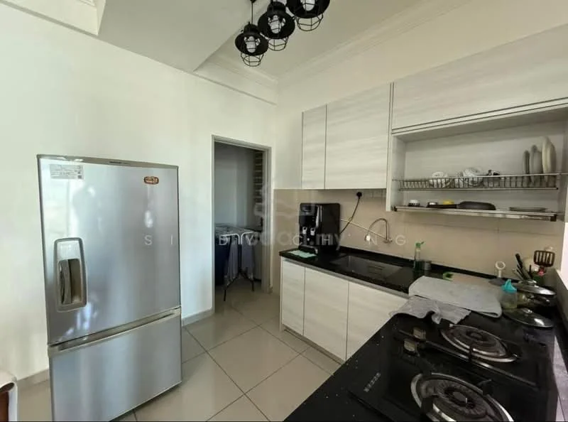 Kitchen features: stainless-steel fridge, black granite countertop, white shaker cabinets, built-in gas stove with 2 burners, stainless-steel sink, wall-mounted kitchen shelf, ceramic tile flooring, recessed downlights, open layout, neutral painted walls; style: modern. Room features: doorway leading to another room, laundry area visible.