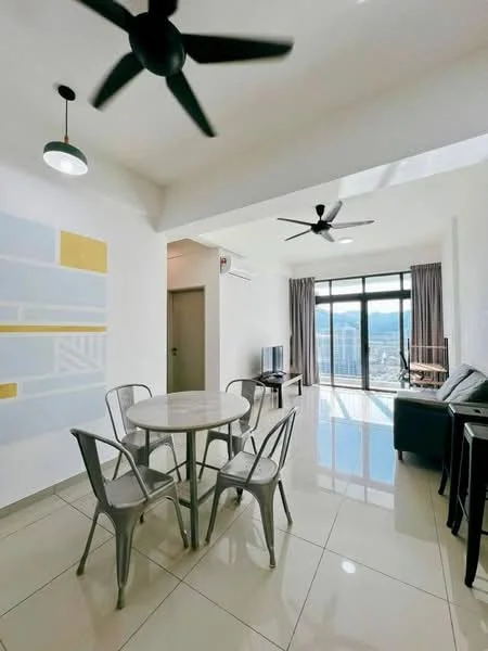 Living features: floor-to-ceiling windows, sliding glass door, 2 ceiling fans, white painted walls, glossy tile flooring, grey sofa, TV console, wall-mounted TV, dining table with metal chairs, decorative wall art, natural light from windows, city view; style: modern; view: city.