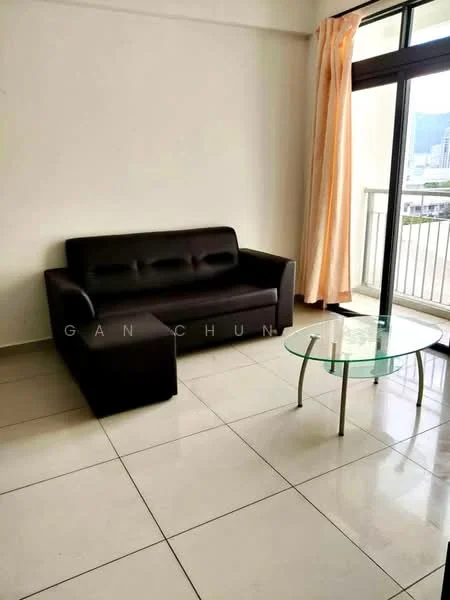 Living features: black leather sofa, glass coffee table, cream painted walls, white tiled flooring, floor-to-ceiling windows, curtains in light fabric, balcony access, natural light; style: modern; view: city.