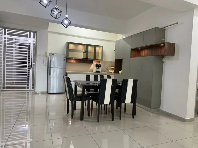 Dining features: 6-seater dining table with black and white chairs, kitchen area visible in background, stainless-steel fridge, built-in kitchen cabinetry in grey, wooden upper cabinetry, ceramic tile flooring, recessed ceiling lights, open-plan layout, wall-mounted kitchen appliances, countertop with backsplash; style: modern.