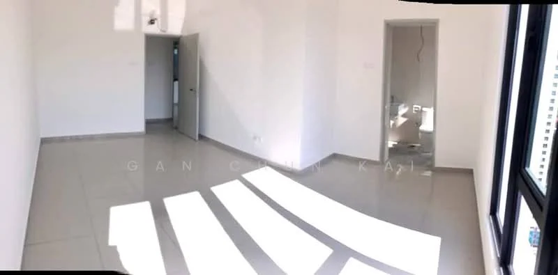 Room features: white painted walls, grey tiled flooring, large windows, natural light from windows, doorway leading to another room, minimalist design, no visible furniture, open layout; style: modern; view: city.