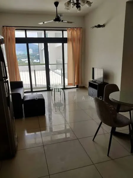 Living features: floor-to-ceiling windows, sliding glass door, cream painted walls, polished tile flooring, 5-blade ceiling fan with light, sofa in black, TV console, wall-mounted TV, round dining table, upholstered dining chairs, refrigerator, curtains in orange, decorative mirror; style: modern; view: city.