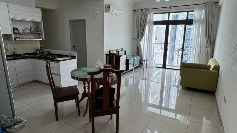 Living features: white painted walls, glossy tile flooring, floor-to-ceiling windows, sliding glass door, sheer curtains, 1 wall-mounted split AC, 3-blade ceiling fan, green fabric sofa, round dining table, 2 wooden dining chairs, kitchenette with white cabinets, stainless-steel gas hob, built-in kitchen cabinetry, refrigerator, decorative items on table; style: modern; view: city.