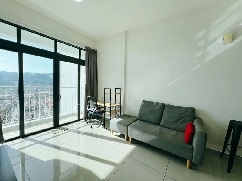 Living features: grey fabric sofa, red accent cushion, glass sliding door, floor-to-ceiling windows, mountain view, white painted walls, glossy tile flooring, desk with chair, curtains, natural light; style: modern; view: mountain.