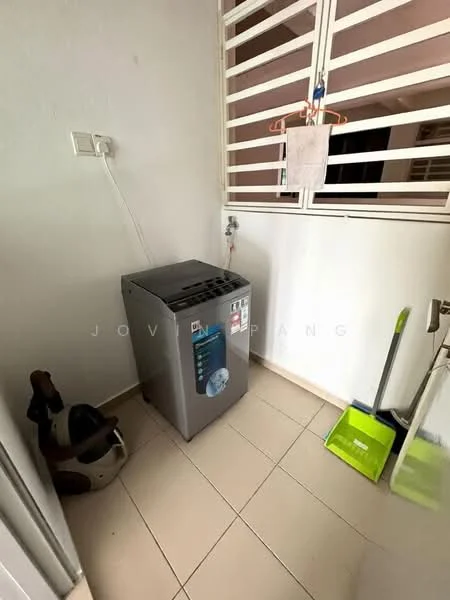 Laundry features: top-load washing machine in grey, white tiled flooring, light grey painted walls, window with security grille, utility sink, cleaning supplies, broom, dustpan.