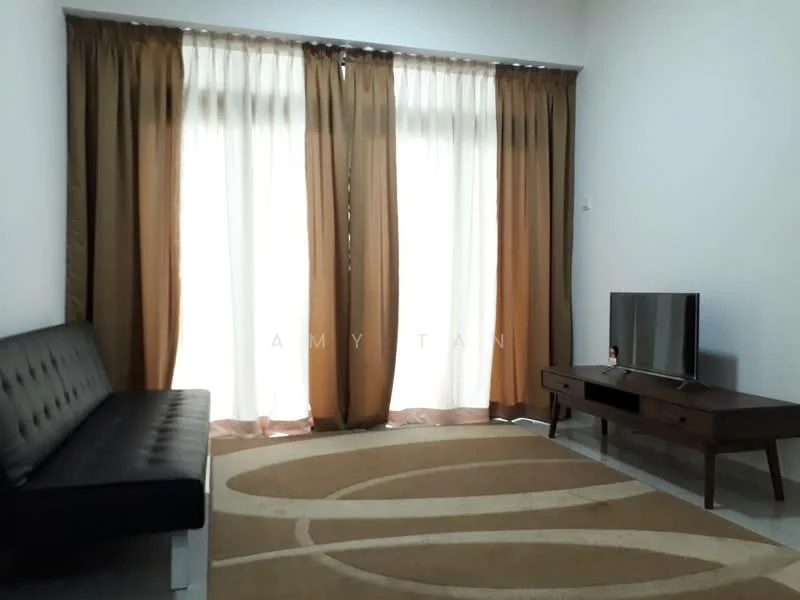 Living features: black leather sofa, wooden coffee table, area rug with abstract pattern, floor-to-ceiling windows, sheer curtains, brown curtains, light-colored walls, tile flooring; style: modern.