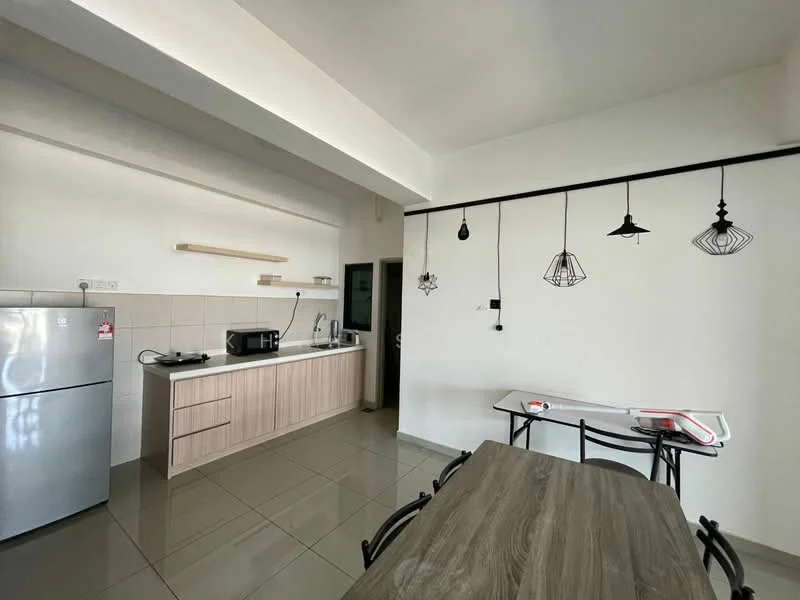Kitchen features: white painted walls, grey tiled flooring, wood cabinetry, stainless-steel fridge, built-in countertop, kitchen sink, pendant lighting fixtures, open shelving, dining table with chairs; style: modern.