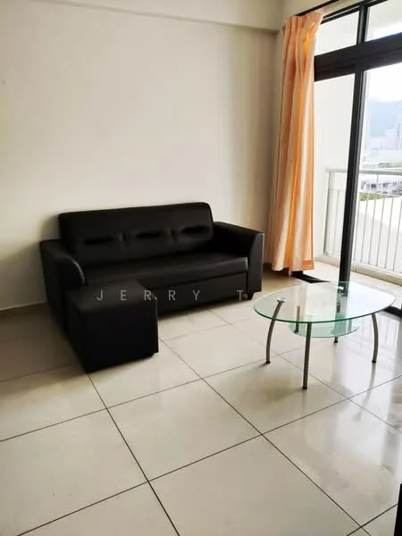 Living features: black fabric sofa, glass coffee table, cream tiled flooring, floor-to-ceiling windows, sheer curtains, balcony door, city view, neutral wall colour; style: modern; view: city.